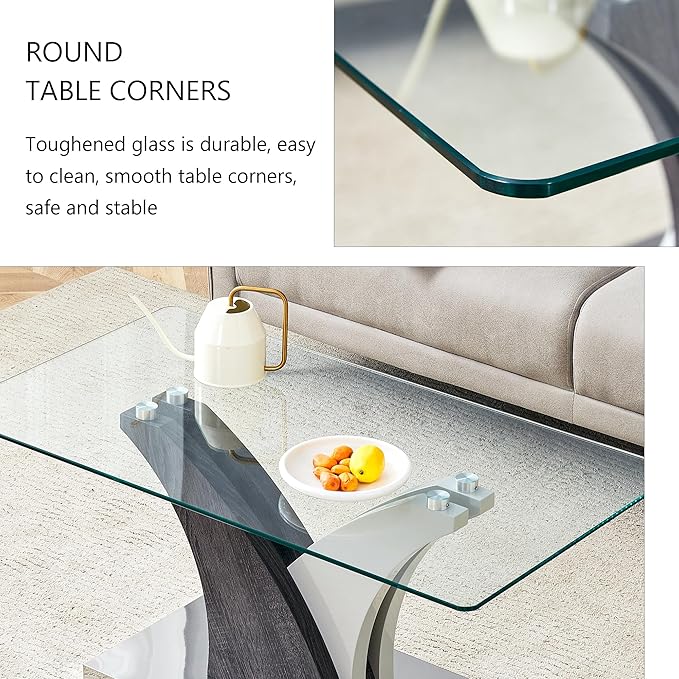 Glass Coffee Table for Living Room, 39" Modern Rectangle Coffee Tables with Tempered Glass Top and Sturdy Y-Shaped Wooden Base, Clear Center Table for Living Room, Apartment, Office