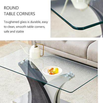 Glass Coffee Table for Living Room, 39" Modern Rectangle Coffee Tables with Tempered Glass Top and Sturdy Y-Shaped Wooden Base, Clear Center Table for Living Room, Apartment, Office