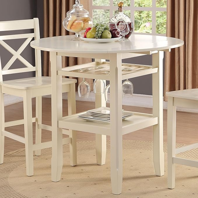 Round Drop Leaf Counter Height Table with Stemware Storage - Cream, 2 Shelves - for Kitchen Islands, Dining Rooms, Small Spaces(Only Include One Table)