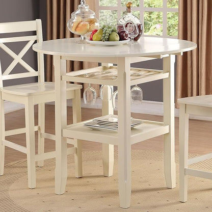 Round Drop Leaf Counter Height Table with Stemware Storage - Cream, 2 Shelves - for Kitchen Islands, Dining Rooms, Small Spaces(Only Include One Table)