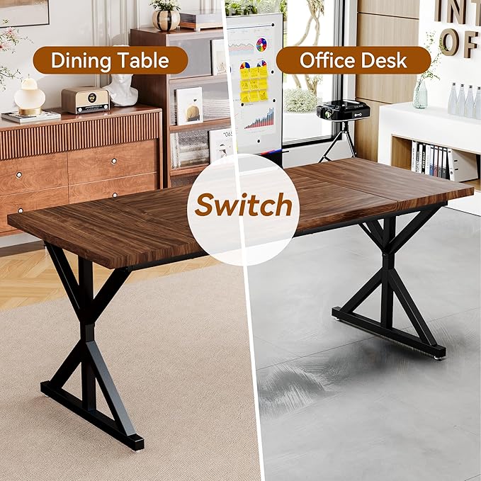 Farmhouse Dining Table for 6 People, 70.8 Inch Rectangular Wood Dining Table, Rustic Kitchen Table with Extra Heavy Duty Metal Legs for Dining Room-Walnut