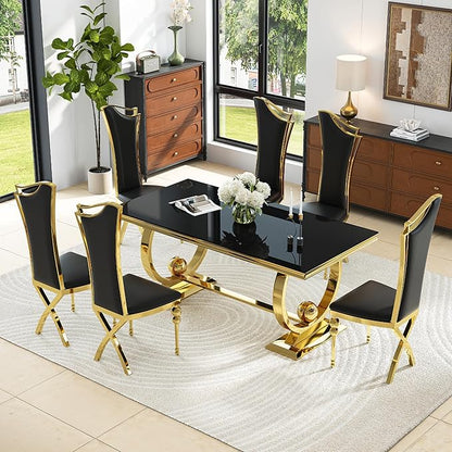 7-Piece Modern Dining Table Set, 70" Back Tempered Glass Kitchen Table with Gold Polished Stainless Steel U-Shaped Pedestal Base and 6 Black High Back Chairs with X-Shaped Legs, for Dining Room