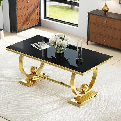 70'' Modern Black Tempered Glass Dining Table for 6, Rectangular Luxury Kitchen Table with Gold Polished Stainless Steel U-Shaped Pedestal Base, Features Bead Detailing, for Dining Room, Table Only