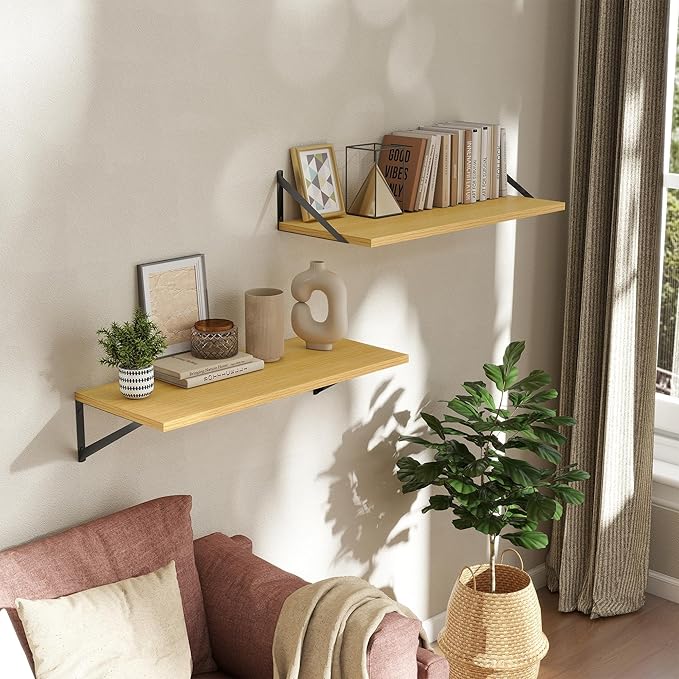 Acovy Deep Floating Shelves Wall Mounted, 30"x12" Oak Wall Shelves with Brackets Set of 2 for Bedroom, Living Room, Bathroom, Kitchen, Office - Storage & Display Shelf for Decor, Books, Plants