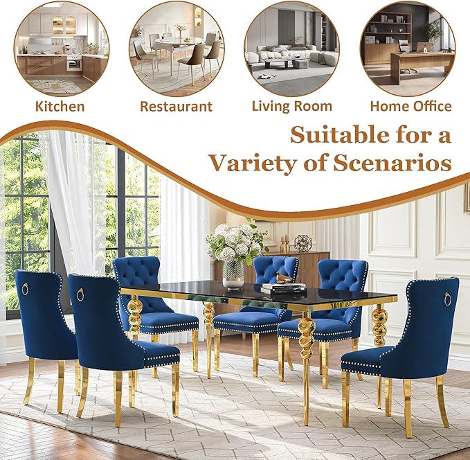 7 Piece Glass Dining Table Set, Modern 70 Inch Gold Rectangular Glass Kitchen Table, 6 Blue Exquisite Velvet Cushion Chairs for Living Room, Restaurant (Black-Top)