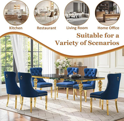 7 Piece Glass Dining Table Set, Modern 70 Inch Gold Rectangular Glass Kitchen Table, 6 Blue Exquisite Velvet Cushion Chairs for Living Room, Restaurant (Black-Top)