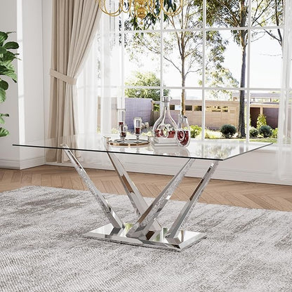 63'' Rectangular Glass Dining Table for 4-6, Luxury Kitchen Table with Tempered Glass and Aesthetic Silver Stainless Steel Base, Modern Dinner Table for Home, Apartment