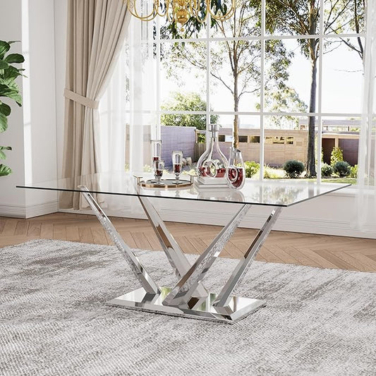 63'' Rectangular Glass Dining Table for 4-6, Luxury Kitchen Table with Tempered Glass and Aesthetic Silver Stainless Steel Base, Modern Dinner Table for Home, Apartment