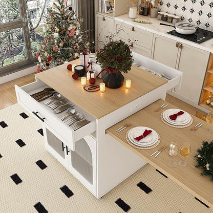 SOFTSEA Extendable Dining Table with Drawer & Shelves, 31.5" to 80" Mobile Kitchen Island Table with USB Ports, Foldable Kitchen Cabinet for Dining Room Living Room, White