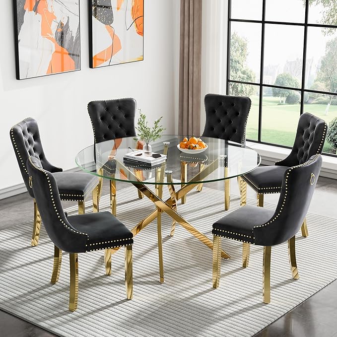 Modern Glass Dining Table Round Dining Room Table with Tempered Glass Top, Gold Metal Legs Circle Kitchen Dining Room Table for 4-6 People, 47" D x 47" W x 30" H
