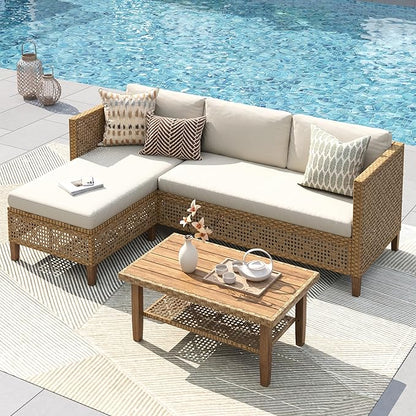 PHI VILLA Sectional Outdoor Couch, Small Patio Furniture Set with Cushions and Acacia Wood Coffee Table, L-Shaped Wicker Outdoor Sofa for Deck or Porch, 4 Seats, Beige