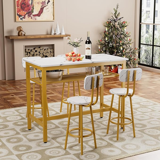 5-Piece Bar Height Table and Chairs Set – Modern Kitchen Table with 4 Bar Stools,Compact Dining Table Chairs Set,Bar Table and Chairs Set for Kitchen Island Seating & Dining Room (White+Gold)