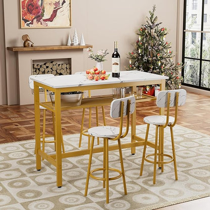 5-Piece Bar Height Table and Chairs Set – Modern Kitchen Table with 4 Bar Stools,Compact Dining Table Chairs Set,Bar Table and Chairs Set for Kitchen Island Seating & Dining Room (White+Gold)