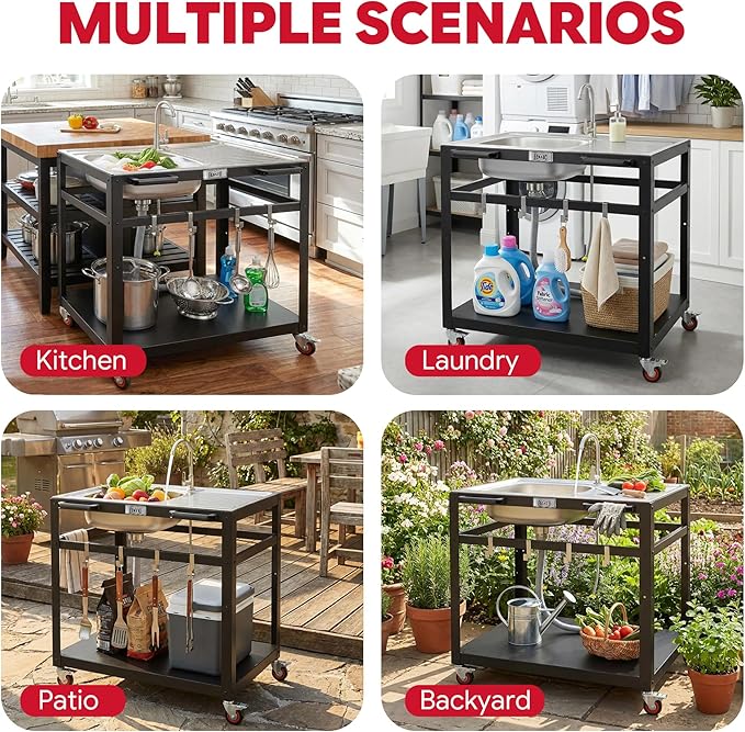 FEASTO 35-Inch Outdoor Grill Cart with Stainless Steel Sink, Rolling BBQ Prep Table with Faucet, Storage Shelves and Lockable Wheels for Patio, Backyard and Outdoor Cooking, Silver & Black