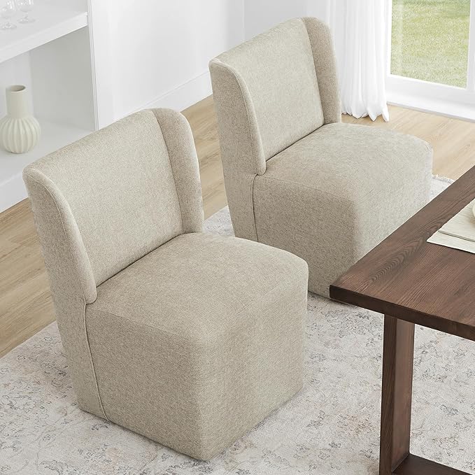 KISLOT Upholstered Dining Chairs Set of 4 with Casters, Wingback Modern Side Armless Deskchair with Rollers for Diningroom Bedroom Livingroom Reading Room, Sand Fabric