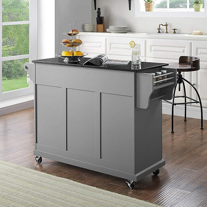 Crosley Furniture Full Size Granite Top Rolling Kitchen Island Storage Cart, Microwave Stand, Spice Rack, Gray