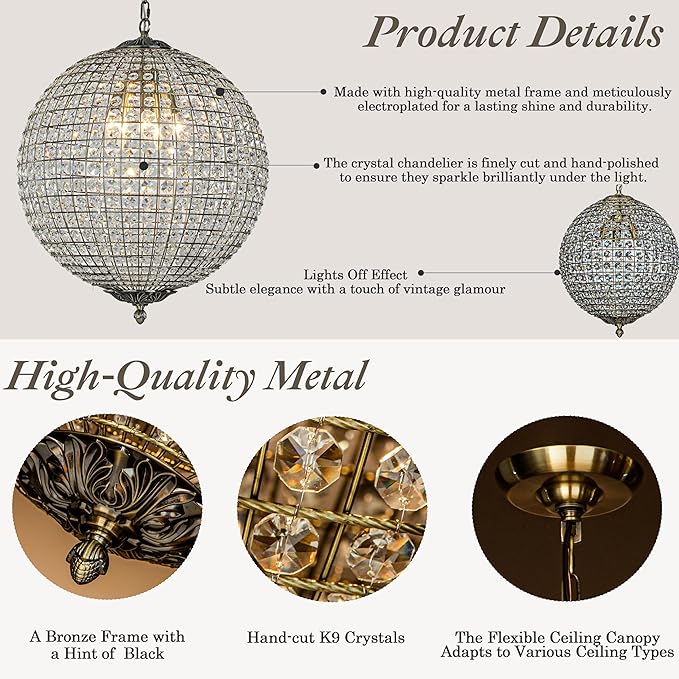 ALOADECOR 5-Light W20 in Vintage Crystal Sphere Chandelier in Antique Gold Modern Glam Globle Cage-Style Shade Pendant Light for Dining Room Living Room