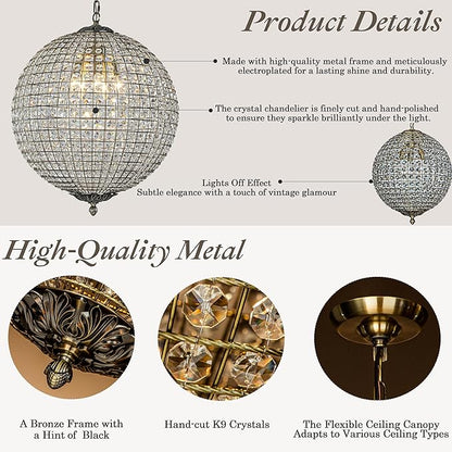 ALOADECOR 5-Light W20 in Vintage Crystal Sphere Chandelier in Antique Gold Modern Glam Globle Cage-Style Shade Pendant Light for Dining Room Living Room