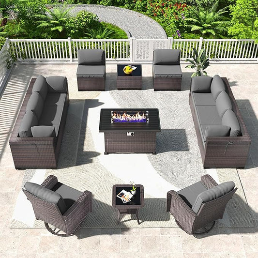 Kullavik 13PCS Outdoor Patio Furniture Set,PE Wicker Rattan Sectional Sofa Patio Conversation Sets with 43" 55000BTU Gas Propane Fire Pit Table,Swivel Rocking Chairs Set,Grey