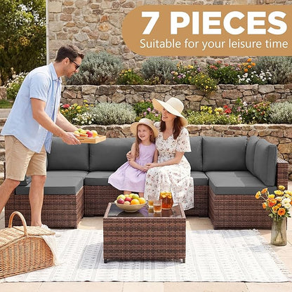 LHBcraft Patio Furniture Set with Rain Cover,7 Pieces Outdoor Wicker Rattan Patio Furniture, Wicker Rattan Outdoor Sectional Sofa Set with Coffee Table for Garden, Poolside Taupe-Grey