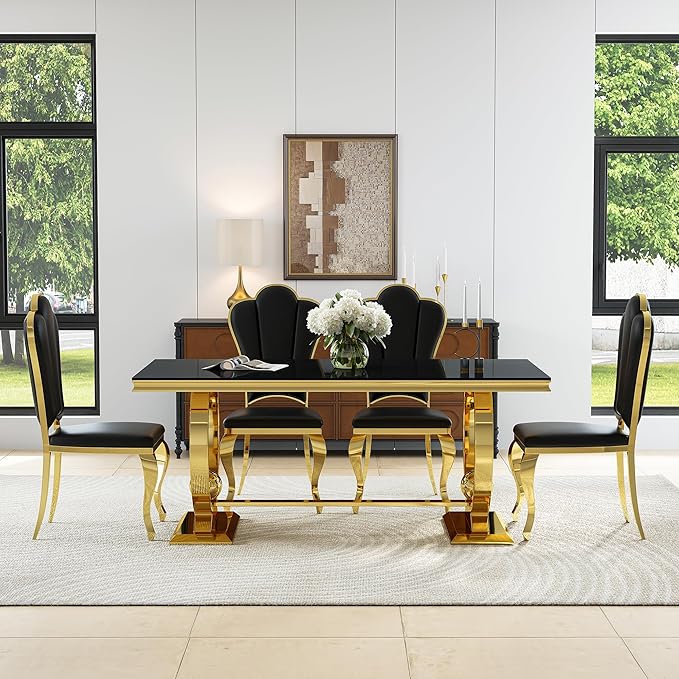 7-Piece Modern Luxury Dining Table Set, 70" Black Tempered Glass Kitchen Table with Gold Polished Stainless Steel U-Shaped Pedestal Base and 6 Black Upholstered High-Back Side Chairs for Dining Room