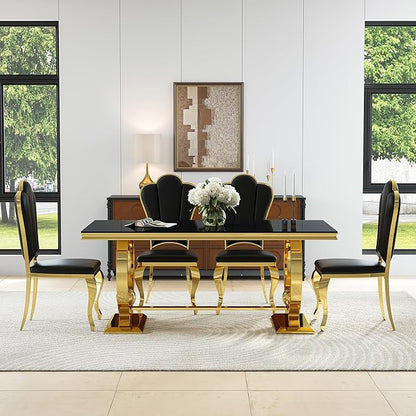 7-Piece Modern Luxury Dining Table Set, 70" Black Tempered Glass Kitchen Table with Gold Polished Stainless Steel U-Shaped Pedestal Base and 6 Black Upholstered High-Back Side Chairs for Dining Room