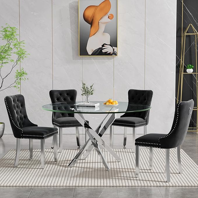 Henf 47.24" Glass Round Dining Table for 4-6 People, Silver Metal Legs,Round Glass Dining Room Table for Small Space, Easy Assembly Circular Side Desk