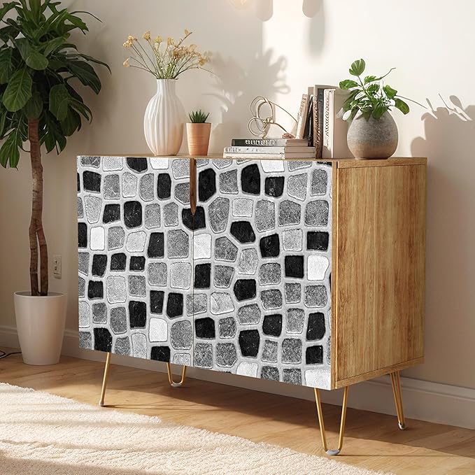 SIGNWIN Sideboard Buffet Cabinet, Kitchen Storage Cabinet with 2 Doors, Black Gray Geometric Square Patterns, Cupboard Console Table for Dining Room - 35" L x 18" W x 29" H