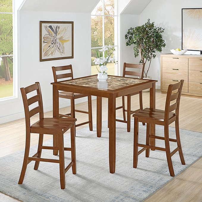 SOFTSEA Dining Table Set for 4, 5 Piece Dining Table Set with Chairs, Mid Century Modern Counter Height Counter Height Kitchen Table Set with 4 Chars, Save Space, Brown
