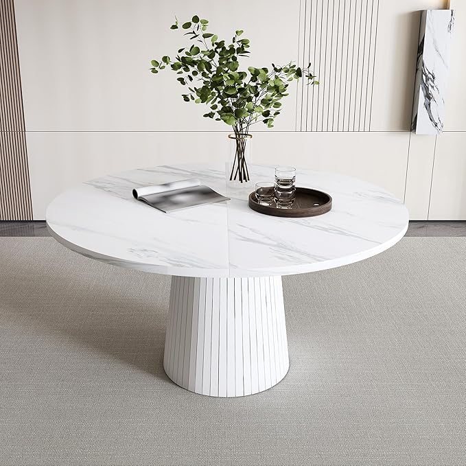 47" Round Marble Veneer Dining Table, Kitchen Table with Wood Strip Base, Dinner Tables with Stable Support for Kitchen & Living Room, White