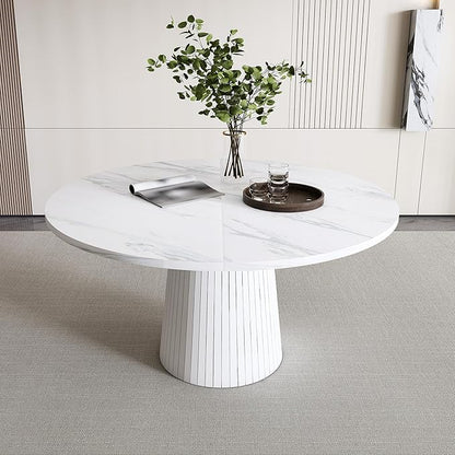 47" Marble Veneer Dining Table, Kitchen Table with Wood Strip Base, Dinner Tables with Stable Structure for Kitchen & Living Room, White