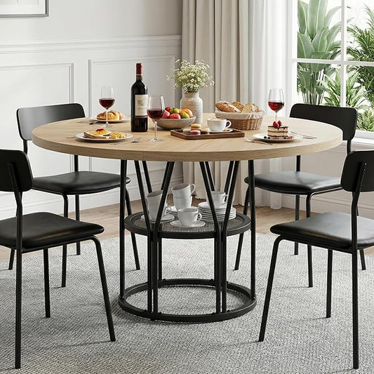 Garvee Round Dinning Table for 4-6 - 47" Circle Dinner Table with Storage Shelf & Sturdy Metal Frame, Modern Breakfast Tea Desk for Kitchen, Living Room, Apartment, Office, Natural