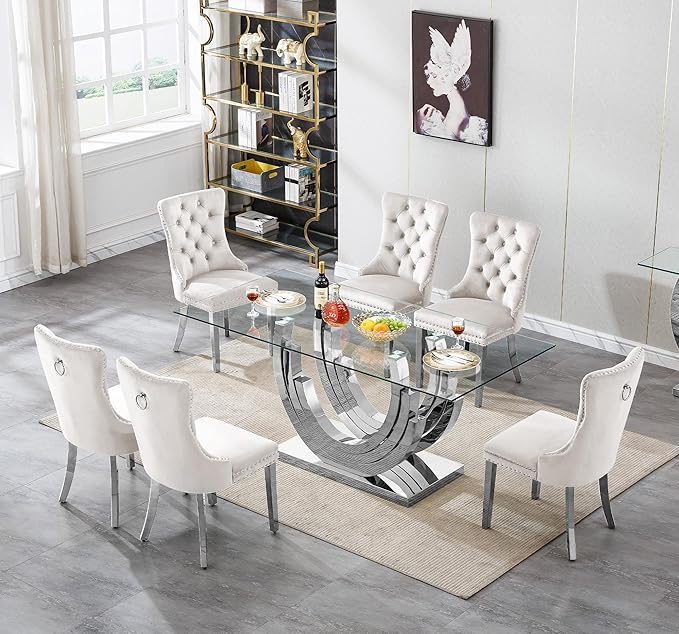 Luxury Silver Glass Dining Table for 6-8 Modern 70" Rectangular Kitchen & Dining Room Table with Stainless Steel Base Large Clear Glass Top Dining Table for Home Office