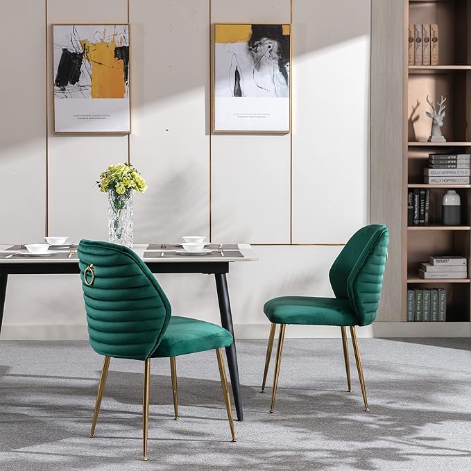 Modern Velvet Dining Chairs Set of 2, Woven Accent Kitchen Chairs with 4 Sturdy Golden Metal Legs, Luxurious Armless Side Chair with Ring for Indoor, Kitchen Island , Dining Room, Living Room (Green)