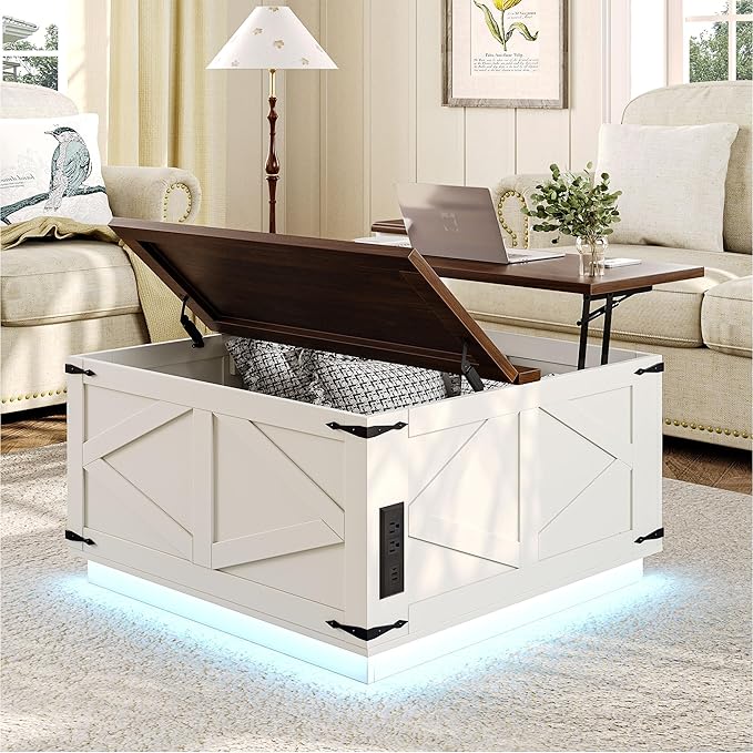Jocoevol Farmhouse Lift Top Coffee Table, Square Wood Center Table with LED Lighting, USB-C Charging Station, and Hidden Storage Compartment - Rustic White & Oak Living Room Furniture