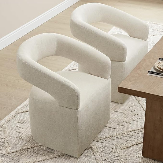 KISLOT Upholstered Dining Chairs with Casters, Modern Barrel Side Armchair with Rollers for Dining Room, Bedroom, Kitchen, Reading Room, Cream Beige, Set of 2