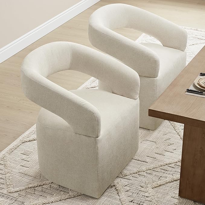 KISLOT Upholstered Dining Chairs with Casters, Modern Barrel Side Armchair with Rollers for Dining Room, Bedroom, Kitchen, Reading Room, Cream Beige, Set of 4
