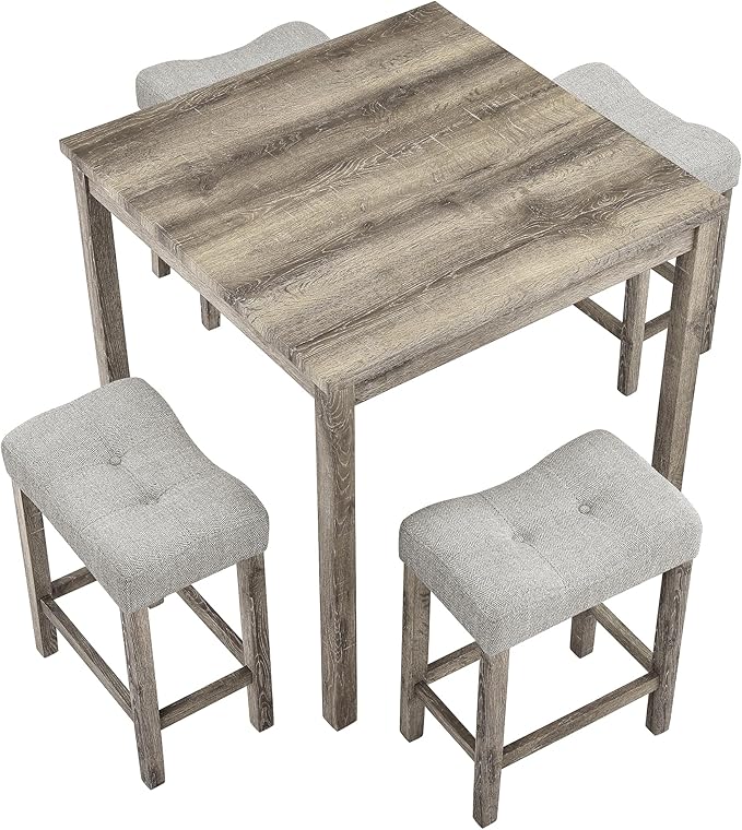 LKTART Dining Bar Table and Chairs Set 5 Piece Bar Table Set, Industrial Breakfast Table with 4 Padded Stools for Kitchen Dining Room Living Room (Brown)