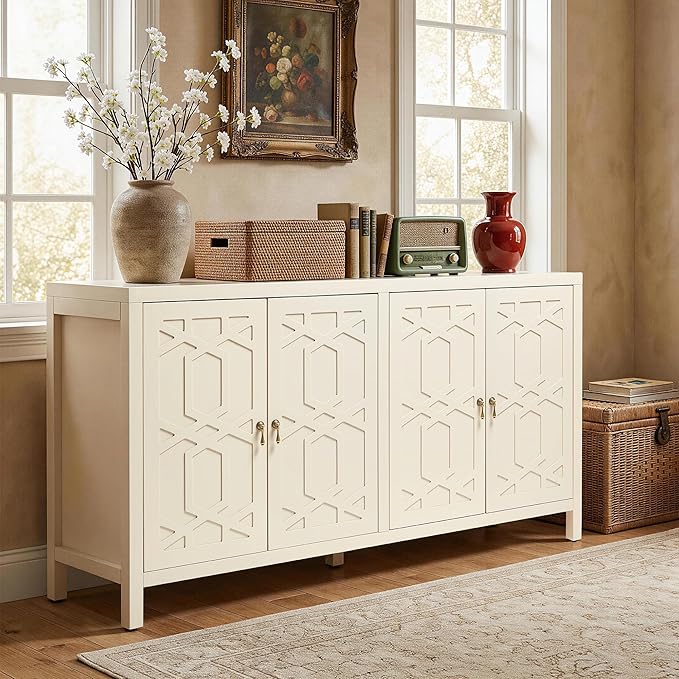 RoyalCraft Buffet Cabinet with Storage, 60" W Modern Coffee Bar Sideboard with 4 Doors & Adjustable Shelves, Painted Wooden Credenza for Dining Room, Kitchen, Living Room, Entryway, Beige