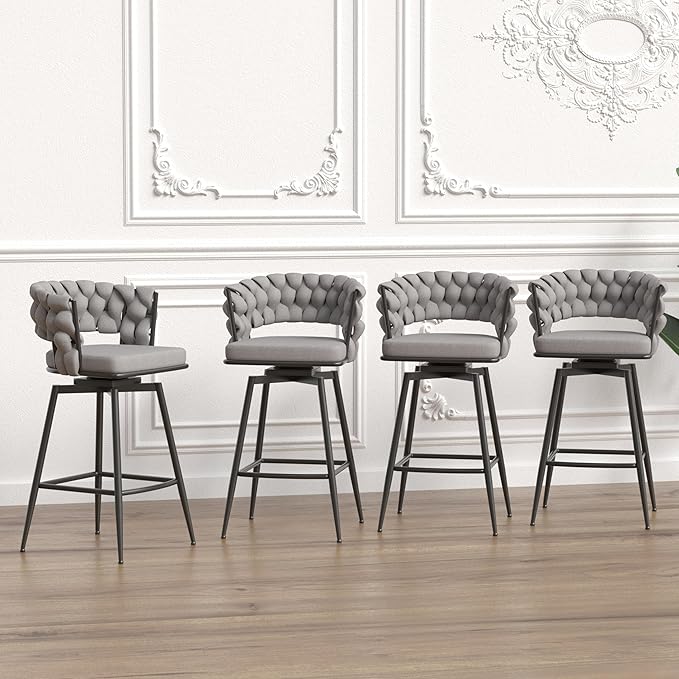 28" Bar Chair Linen Woven Bar Stool Set of 2,Black Legs Bar stools No Adjustable Kitchen Island Chairs,360 Swivel Bar Stools Upholstered Bar Chair Counter Stool Arm Chairs with Back Footrest (Grey)