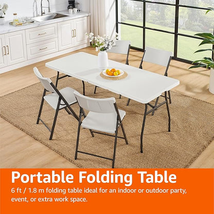Amazon Basics Heavy Duty Portable Folding Table, 6 ft, Indoor & Outdoor, Fold-in-Half Design with Carrying Handle, White | Portable, Heavy Duty, Indoor & Outdoor, with Carrying Handle