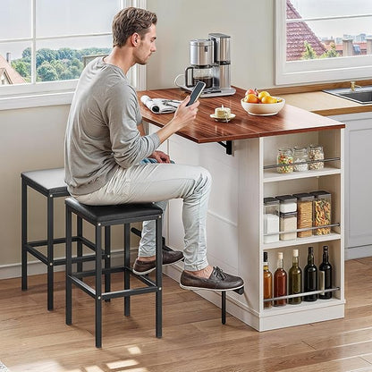 YITAHOME Kitchen Island with Seating, 47 Inch Mobile Storage Island with Drop Leaf, Rolling Islands Table with Power Outlet & Spice Rack, 2 Upholstered Stools and Footrest, for Dining Room, Off White