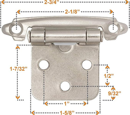 DecoBasics Cabinet Hinges Brushed Nickel for Kitchen Cabinets Doors (5 Pair -10 Pcs) -1/2" Overlay (Variable) -Self Closing Kitchen Cabinet Hinges Flush Mount w/Silicon Bumpers & Hardware Screws
