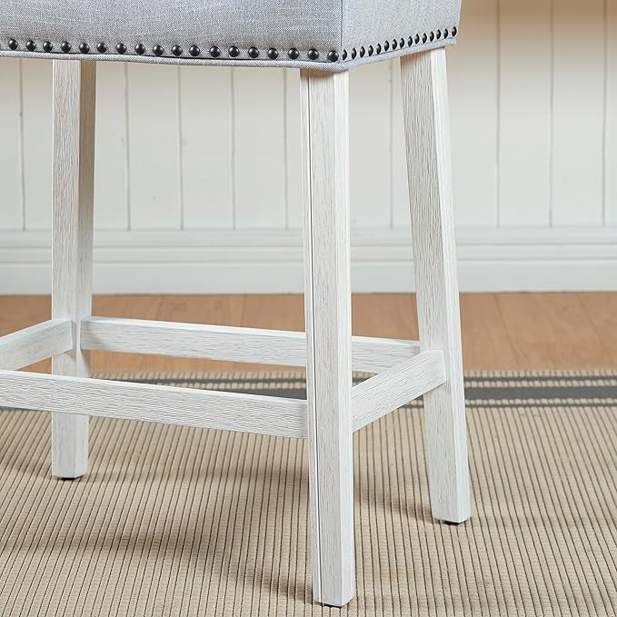 Roundhill Furniture Coco Upholstered Backless Saddle Seat Counter Stools 25.5" Height Set of 2, White-Wash Finish, Light Gray Fabric