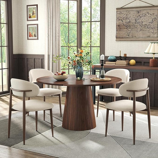 Farmhouse Round Dining Table Set for 4, 47 in Kitchen Table with MDF Tabletop & Base, Beige Fabric Upholstered Chairs with Walnut-Grain Metal Legs for Home Small Apartment (1 Table+4 Chairs)