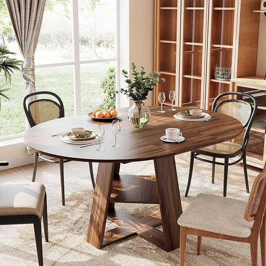 COSIEST 43.3in-59in Extendable Round Dining Table for 4-8 People, Modern Oval Kitchen Table with Storage Shelf & Removable Leaves, Space Saving Wood Dinner Table for Kitchen Living Room(Walnut)
