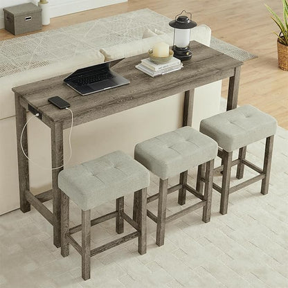 4-Piece Kitchen Island Counter-Table Set with Charging Station, Industrial 59" Dining Tables with 3 Stools, 59 Inch Farmhouse Bar Table Chairs w/USB & Type-C & Power Outlets,Light Brown