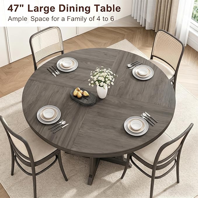 GarveeHome Round Dining Table for 4, 47 Inches Dining Room Table with Wooden Base, Kitchen Table with Circle Tabletop, Dinner Table for Dining Room, Kitchen, Living Room, Grey