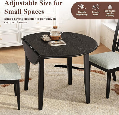 Merax 3-Piece Drop Leaf Round Dining Table Set for 2, Farmhouse Kitchen Table Set with Extendable Round Table and 2 Upholstered Chairs. Wood Table and Chairs Set for Dining Room, Living Room, Black