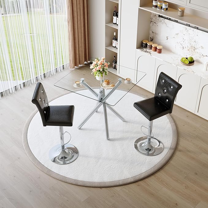Glass Bar Table Set for 2, Transparent Table with 2 Adjustable Leather Chairs, 3 Piece Counter Height Pub Table Set for Kitchen Island, Home Bar, Small Space, Black,Silver